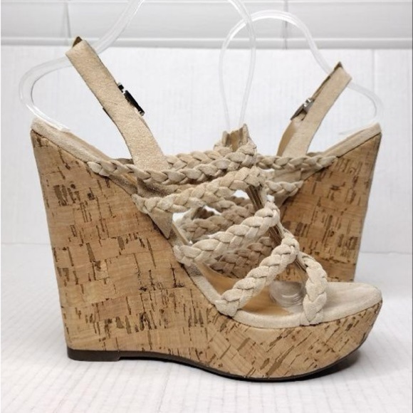 SCHUTZ Beige Braided Straps Boho Resort Cork Wedge Sandals - Picture 6 of 16